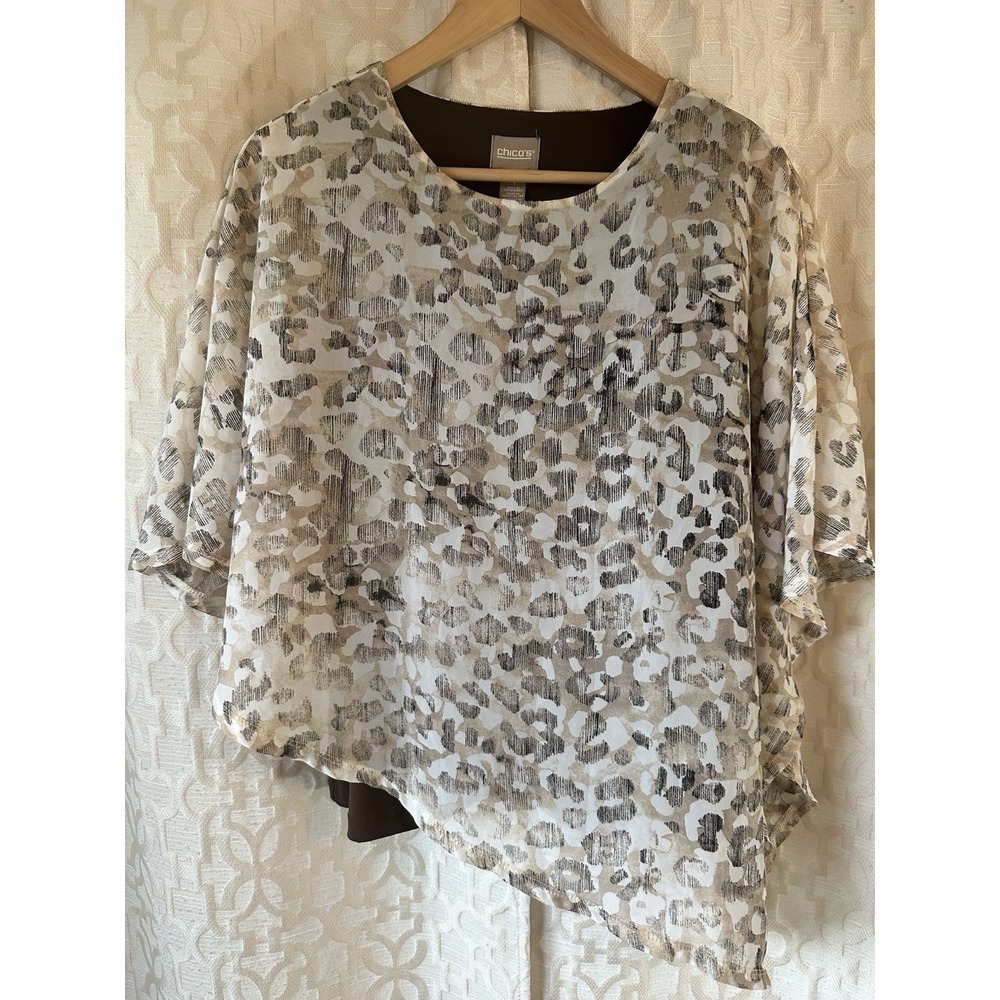 Chicos Size 1 (8-10) Animal Print Poncho Brown/White Asymmetrical Lightweight